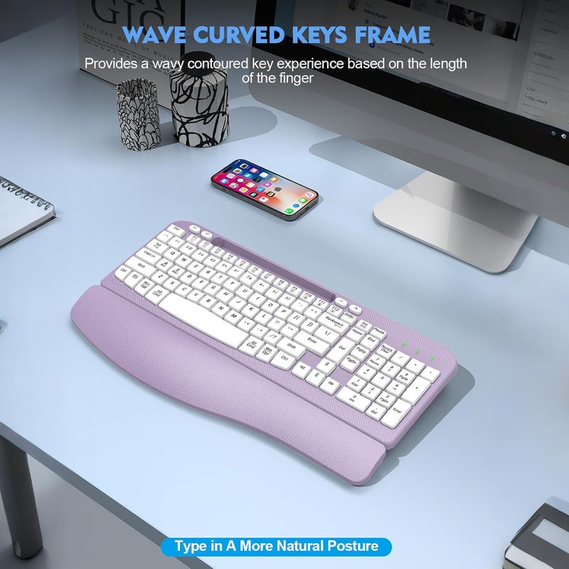 EAYBLLY Ergonomic Wireless Keyboard with Cushioned Wrist Rest, Wave Keys, Phone Holder, Comfortable Natural Typing, 2.4GHz Full Size Cordless USB Computer Keyboard for Windows, Mac OS, Laptop, PC (Purple) - Image 5